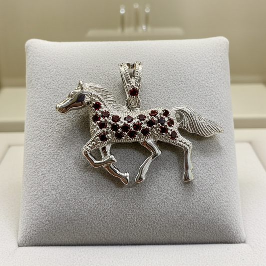 Silver fire horse with cubic zirconia