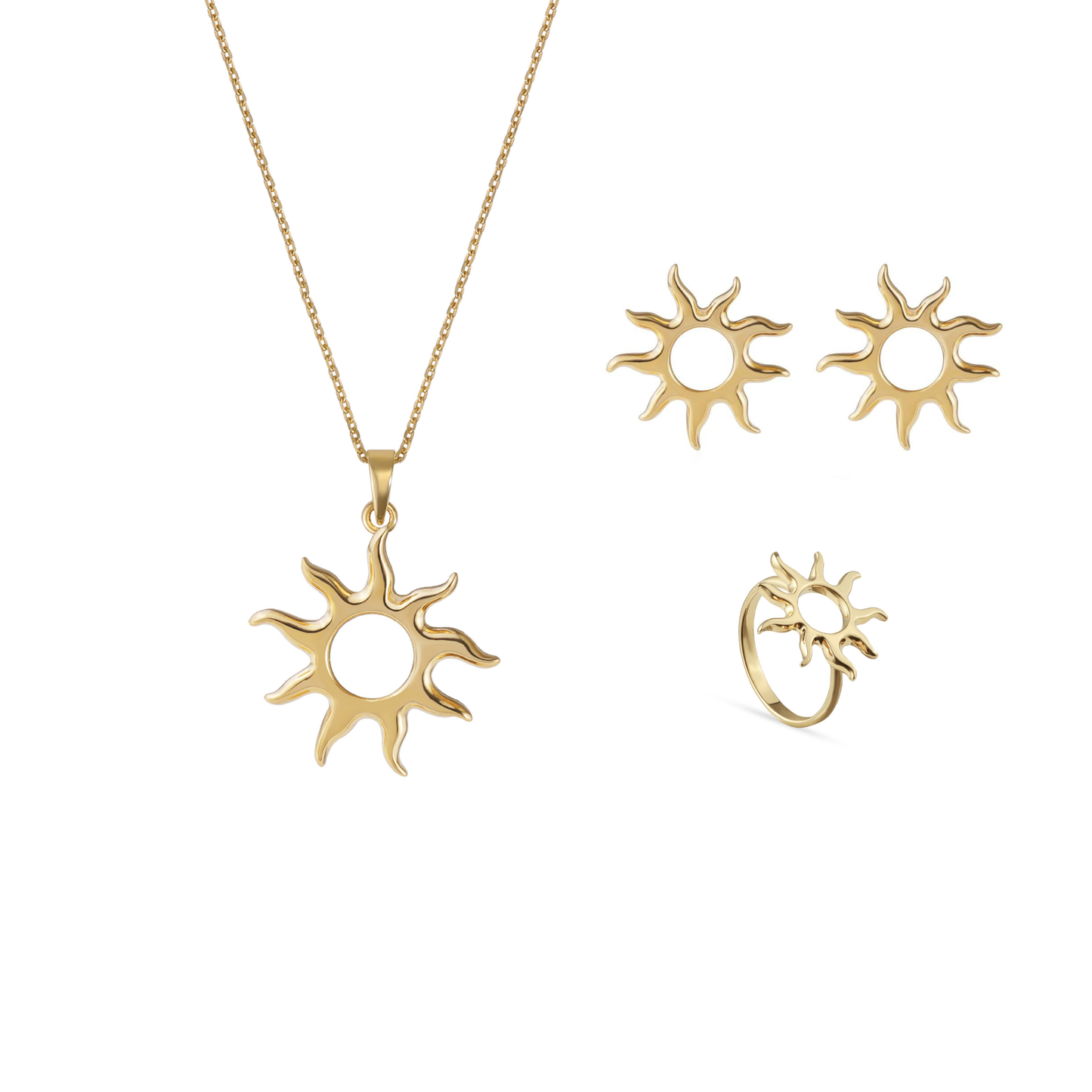 Набір прикрас «Сонце» срібло з позолотою — каблучка, кольє та сережки
