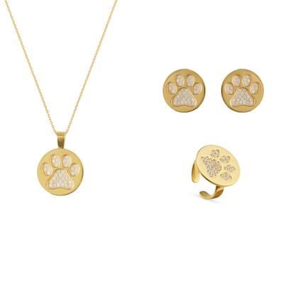 Набір Щаслива Лапка срібло з позолотою фіанітами — кольє, сережки та каблучка